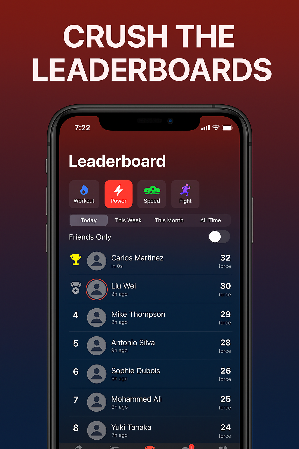 Leaderboard screen with ranks, modes, and time filters