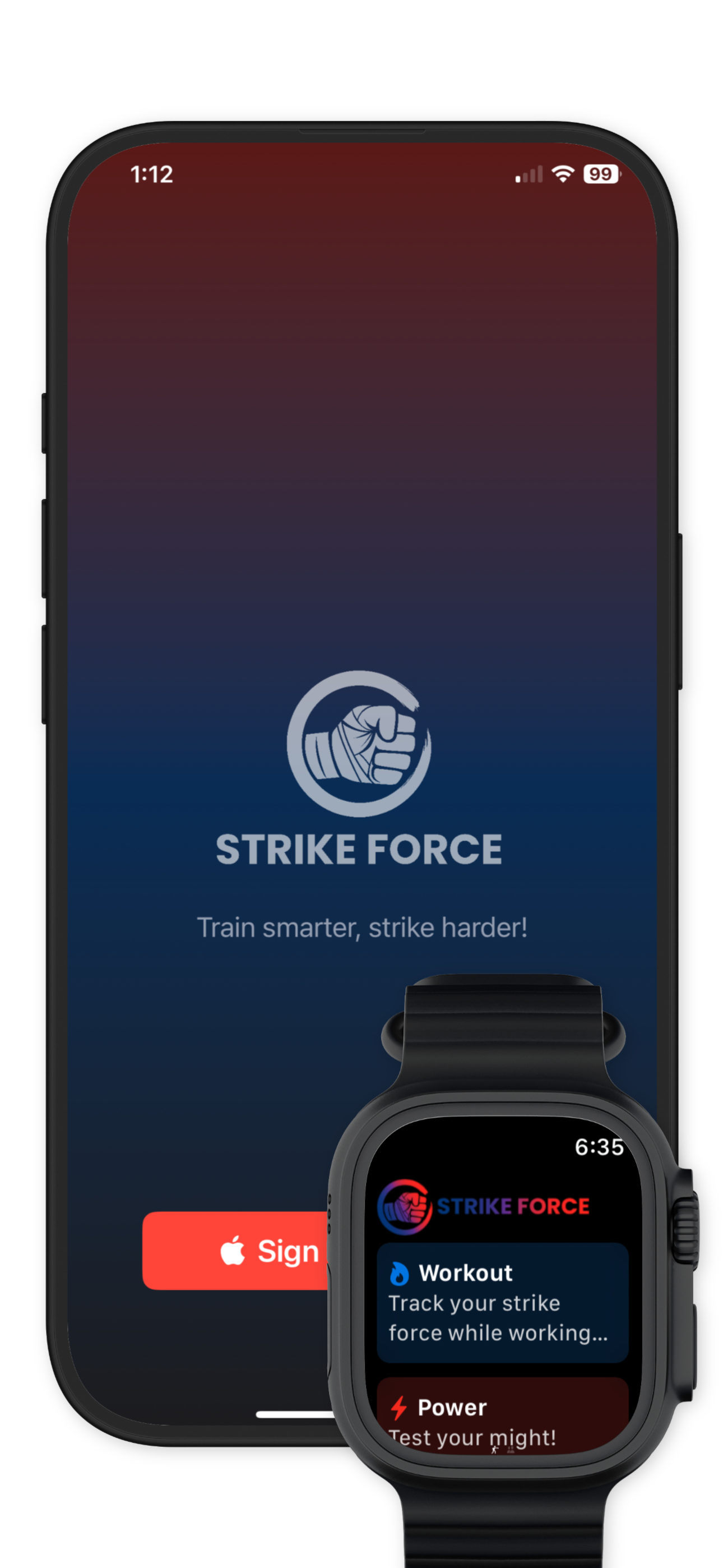 Strike Force iPhone and Apple Watch hero showing sign-in and mode tiles